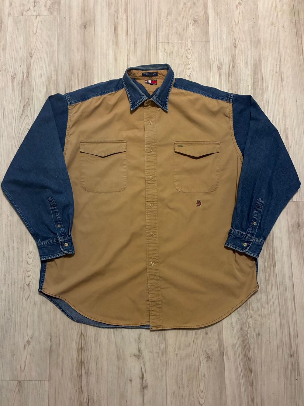 Vintage Tommy Hilfiger Colorblock Denim And Twill Button Down Shirt